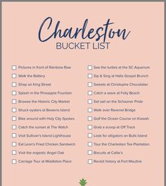 the charleston bucket list is shown on a pink background