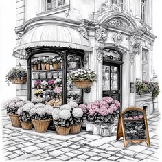 a drawing of a flower shop with potted flowers