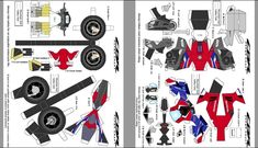 the paper model of a car is shown in red, white and blue colors with black details