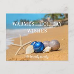 the words warmest holiday wishes are in front of two beach balls and starfish