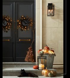 a black cat laying on the ground in front of a door decorated with pumpkins