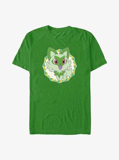 a green t - shirt with an image of a cat on it