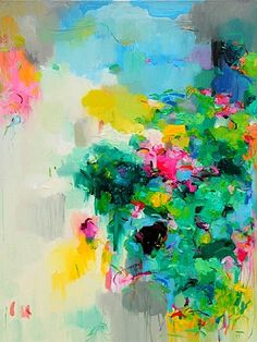 an abstract painting of colorful flowers on a white background with green and pink colors in the foreground