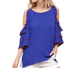 Gorgeous Blue Cold-Shoulder Top With Orange Detailing. Ruffle Detail. Summer Blue Off-shoulder Blouse, Blue Cold Shoulder Tops For Spring, Blue Off-shoulder Blouse For Day Out, Summer Blue Cold Shoulder Top, Blue Cold Shoulder Summer Top, Blue Cold Shoulder Top For Summer, Blue Off-shoulder Top For Brunch, Blue Off-shoulder Blouse For Brunch, Womens Boho Tops