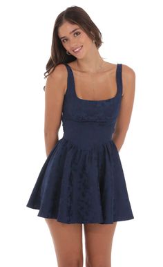 Floral Jacquard Open Back Bow Dress in Navy Back Bow Dress, Valentines Dance, Hoco Inspo, Lucy In The Sky, Casual Day Dresses, Winter Formal