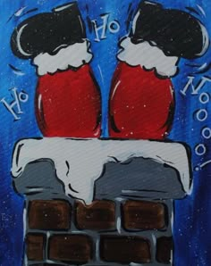 a painting of two santas sitting on top of a brick wall with the words ho ho hoo