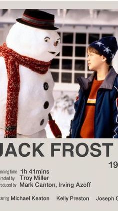 two children standing next to a snowman in front of a building with the words jack frost on it