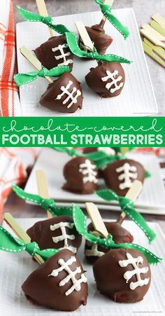 chocolate covered football strawberries on a white plate with green and orange ribbon around them