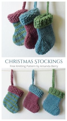 three knitted christmas stockings hanging on a wall with text overlay that says, free knitting pattern by amanda berry