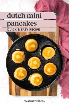 dutch mini pancakes in a cast iron skillet on a cutting board with text overlay