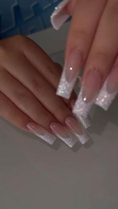 Graduation Nails White, White French Tip With Glitter, White Glitter French Tip, White Glitter French Tip Nails, Glittery French Nails, Simple Graduation Nails, White Graduation Nails, Acrylic Nails Stiletto, Graduation Nails