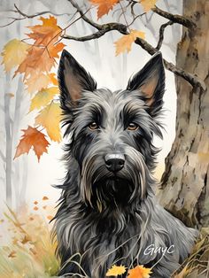 a painting of a dog sitting in the grass next to a tree with leaves on it