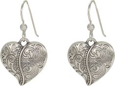 Brighton Ornate Heart French Wire Earrings - Earring : Silver : Part of the Ornate Heart Collection . Romantic and sculptural hearts with ornate scrolled detailing truly live up to the collection's name - perfect for dressing up your favorite jeans and tees, or a little black dress. Crafted in a silver-tone plated metal. Hook backs. Imported. Measurements: Width: 3 4 in Height: 3 4 in Weight: 0.3 oz French Wire Earrings, Filigree Jewelry, Earring Silver, French Wire, Wire Earrings, Earrings Silver, Favorite Jeans, Style Me Pretty, Brighton