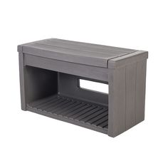 an outdoor storage box with the door open and shelves on each side for storing items