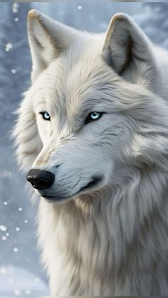 a white wolf with blue eyes looks into the distance while standing in front of snow covered ground