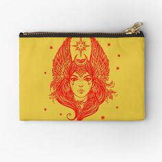 a yellow and red zipper pouch with an image of a woman's face on it