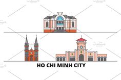 two buildings with the words ho chi minh city in front of them and an image of