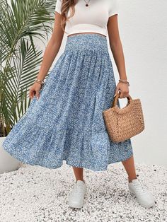 Blue Boho Collar  Woven Fabric Ditsy Floral Layered/Tiered Embellished Non-Stretch  Maternity Clothing Maternity Skirts, Summer Maternity Fashion, Clothes Skirt, Shein Maternity, Pink Floral Skirt, Small Floral Print, Summer Maternity, Summer Pregnancy, Maternity Skirt