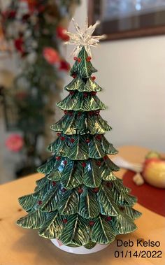 a small christmas tree sitting on top of a table