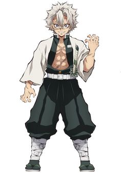 an anime character with white hair and black pants, holding his hands up in the air