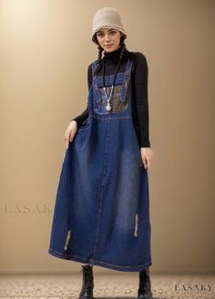 Lasaky - Loose-fit Denim Overall Dress for Women with Wide Shoulder Straps Suspenders Skirt, Loose Fit Denim, Autumn Clothing, Denim Overall Dress, Mid Length Skirts, Skirt Skirt, Overall Dress, Spring And Autumn, Types Of Skirts