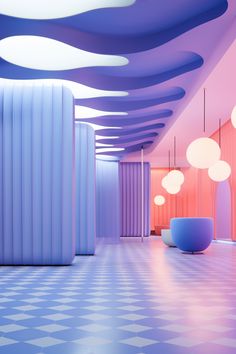 an artisticly designed room with blue and pink walls, flooring and round lights hanging from the ceiling