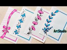 four cards with different designs on them and the words art studio written in blue ink