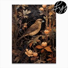 a bird sitting on top of a tree filled with leaves and flowers in front of a black background