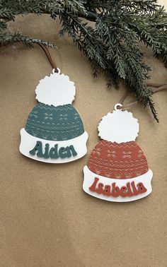 two personalized christmas ornament hanging from a tree