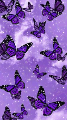 many purple butterflies flying in the sky with stars and clouds behind them on a purple background