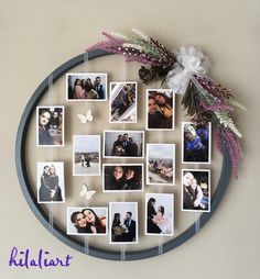 a circular wall hanging with many pictures and flowers on it, attached to the wall