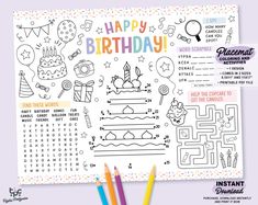 the happy birthday activity sheet with markers and pencils