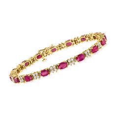 Ross-Simons - 9.50ct t. w. Ruby, 1.28ct t. w. Diamond Bracelet in 14kt Yellow Gold. 7". A beautiful blend of rich color and stellar sparkle, this elegant bracelet alternates wine-red 9.50 ct. t. w. oval rubies with scintillating 1.28 ct. t. w. round brilliant-cut diamond clusters. Finely crafted in polished 14kt yellow gold. Figure 8 safety. Push-button clasp, diamond and ruby bracelet. Ruby birthstones are the perfect gift for July birthdays. Ruby Diamond Bracelet, Ruby Birthstone, Ruby Bracelet, Figure 8, Elegant Bracelet, Diamond Cluster, Round Brilliant Cut Diamond, Wine Red, Rich Color