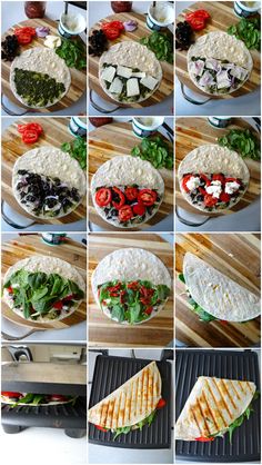 the steps to make a pita sandwich with cheese, tomatoes, lettuce and black olives