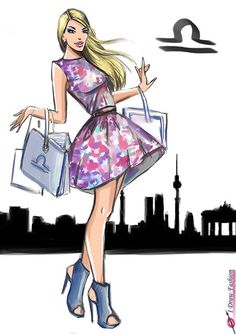 a drawing of a woman in a dress holding shopping bags and talking on the phone