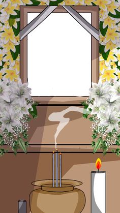 a candle and flowers in front of a window