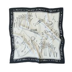 Meet "New York in Sketches" Silk Scarf This silk scarf is designed by our chief designer Cata to give you a glimpse into our New York City memories and culture. It is an ode to the city we love, and an excellent addition to your wardrobe. The scarf edges are hand-rolled and hand stitched by our local artisans to honor traditional silk making. The tag is designed to be recycled as a coaster to show our commitment to sustainability in Fashion.  "New York in Sketches" Silk Scarf Featuring:  Material: 100% mulberry silk satin Size: 65cm x 65cm ( 26"W x 26"L ) Craftsmanship: Edges are hand-rolled and hand stitched by local artisans dry clean Design Hijab, Print Scarf Design, Hermes Twilly Scarf, White Silk Scarf, Fashion New York, Silk Scarf Design, Black Silk Scarf, Designer Silk Scarves, Black And White Scarf