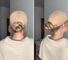 This is a guide on a low bun hairstyle with a hat. Learn a cute hat hairstyle in this post. Low Bun With Hat, Ball Cap Hairstyles, Hairstyles With A Hat, How To Twist Hair, Cute Low Bun, Hairstyle With Hat, Diy Hair Bun, Hats Short Hair, Hair With Hat