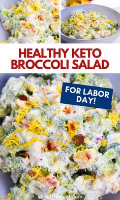 broccoli salad in a bowl with text overlay that reads healthy keto broccoli salad for labor day