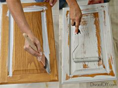 two hands are applying paint on an old cabinet door