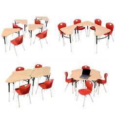 four different tables and chairs with one laptop on the top, two red chairs at the bottom