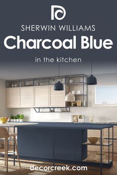 Charcoal Blue SW-2739 in the Kitchen by Sherwin-Williams Charcoal Blue Sherwin Williams Cabinets, Sherwin Williams Blue Cabinet Colors, Navy Kitchen Walls, Blue Kitchen Paint, Blue Exterior House Colors, Blue Painted Cabinets, Blue Kitchen Interior