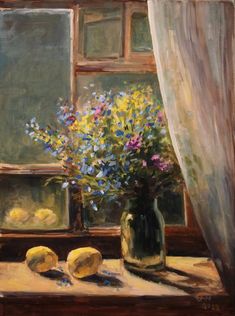 a painting of flowers in a vase and lemons on a table next to a window