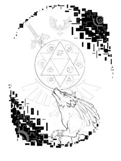 a black and white drawing of a wolf with an inverted triangle in the middle, surrounded by other symbols