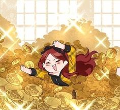 a cartoon character is surrounded by gold coins