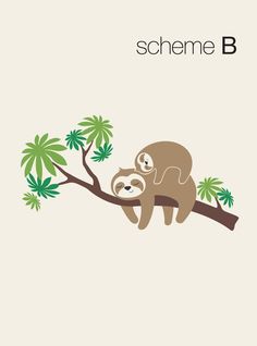 a couple of animals that are sitting on a tree branch in front of the word scheme b