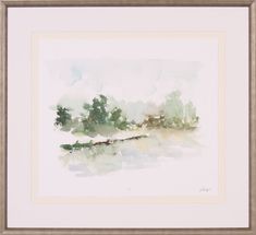 a watercolor painting of trees in the distance with white frame and light brown border