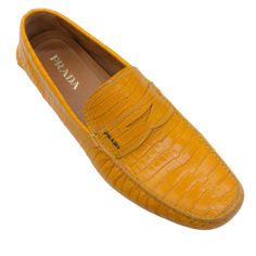 Prada Men's Mustard Crocodile Leather Driving Loafers Condition: Very Good Condition Pre Loved. Slight Signs Of Wear Consistent With Normal Use Material: Exotic Leathers Includes: N/A Country Of Origin: Italy Please Note, As With Most Shoes Made In Italy, They May Run Small. Heel Height: Flat Sole: Rubber Hardware: Gold Tone Size: Men's 12 29733-6 Ws23ma ** Photos Are Of The Actual Item ** ** Roundabout Couture Certified Authentic ** Luxury Classic Yellow Leather Shoes, Luxury Yellow Leather Shoes, Luxury Yellow Loafers With Leather Sole, Luxury Orange Leather Loafers, Luxury Men's Slip-on Loafers, Driving Loafers, Prada Men, Crocodile Leather, Prada Shoes