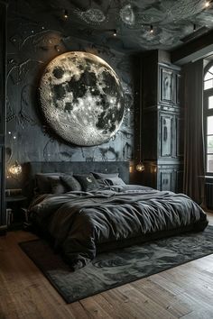 a large bed sitting in a bedroom next to a giant moon wall hanging above it