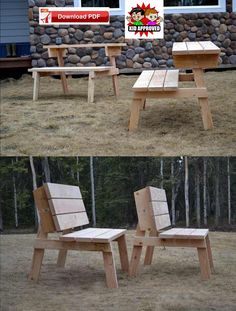 two wooden benches sitting in front of a building